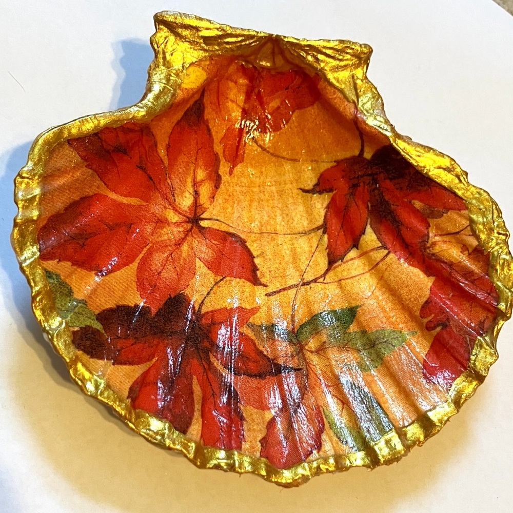 Handcrafted Shell Dish Fall Leaf Decoupage